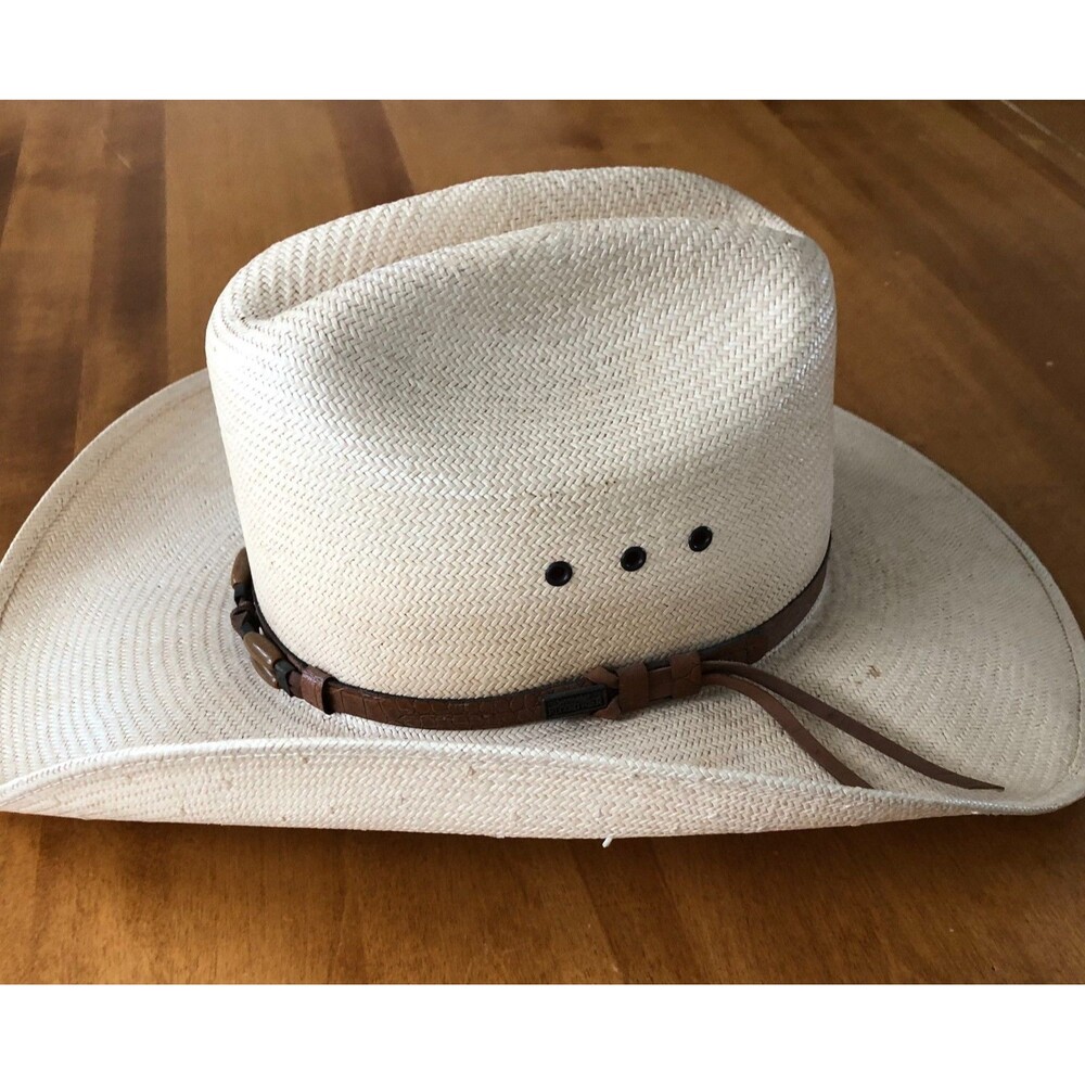 MHT Master Hatters Of Texas Winslow Cowboy Hat Mens 7 1/8 Tan Straw Beaded Band